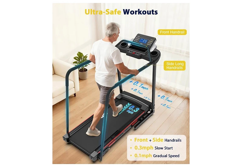 Redliro Senior Treadmill with Long Handrails, 350 lbs Capacity Walking Treadmill for Seniors, Foldable Treadmill with Incline