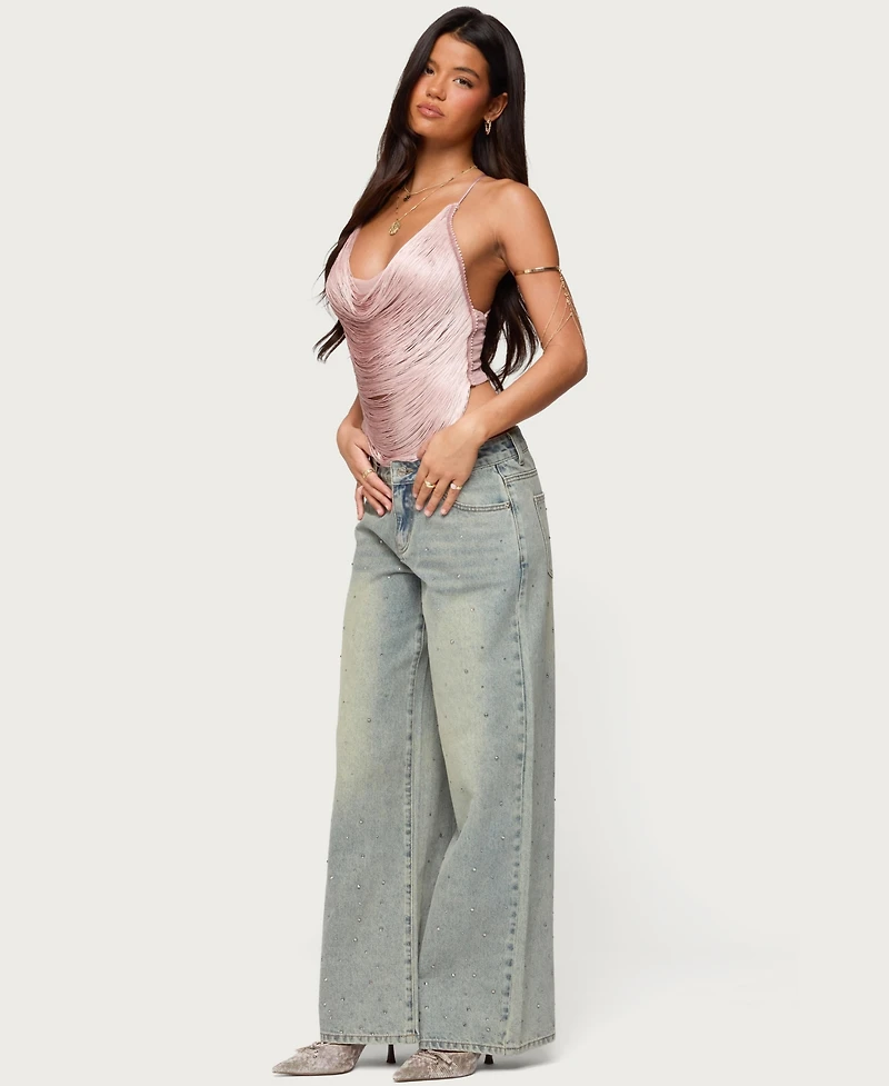 Edikted Womens Elenie Fringed Cowl Neck Top