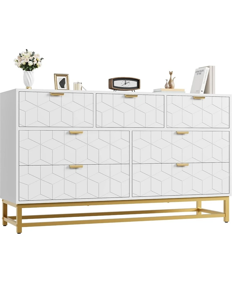 gaomon Modern 7 Drawer Dresser, Wide Chest with Gold Metal Legs & Handles, Wood Storage Organizer for Bedroom, Living Room, Hallway