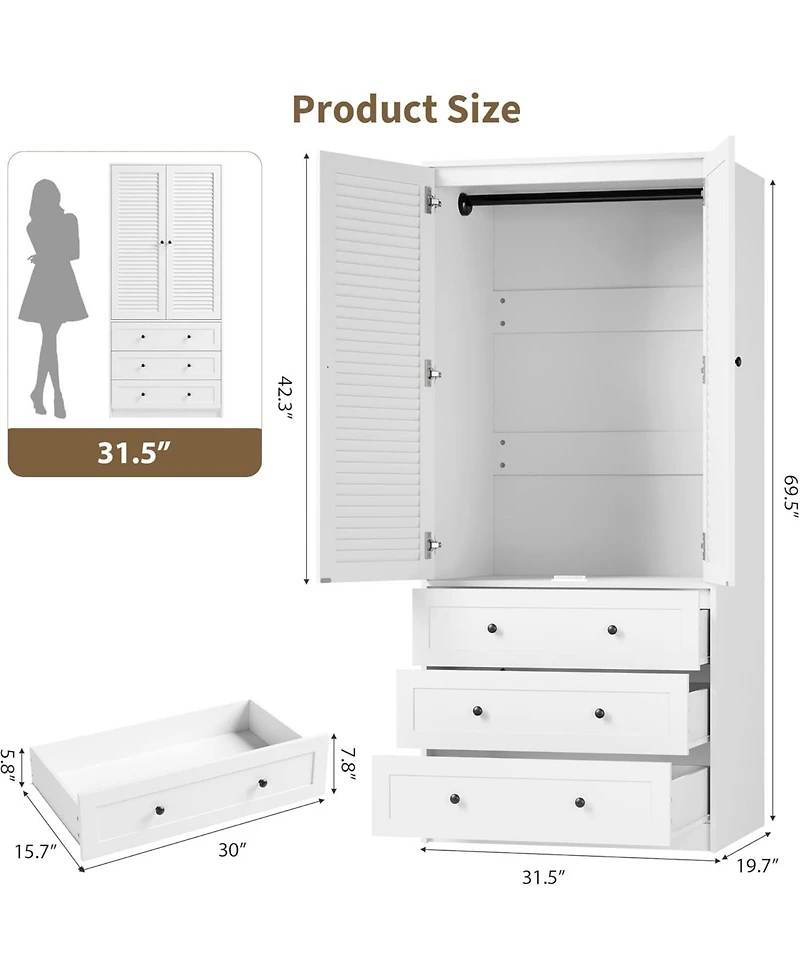 gaomon Modern Armoire Wardrobe Closet with 3 Drawers & 2 Doors, Tall Standing Wooden Cabinet for Hanging Clothes, Heavy Duty Storage