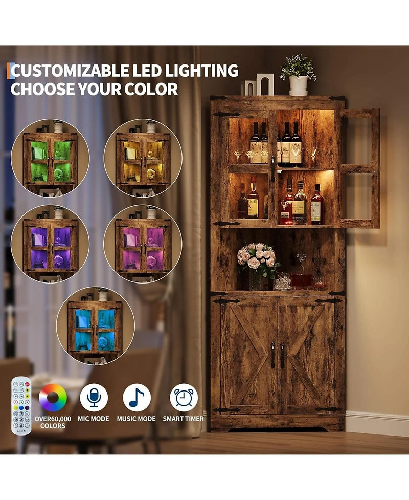 Gaomon 67" Tall Corner Storage Cabinet with Lights, Farmhouse Wooden Hutch Glass Doors, Adjustable Shelves, Display