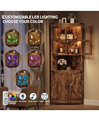 Gaomon 67" Tall Corner Storage Cabinet with Lights, Farmhouse Wooden Hutch Glass Doors, Adjustable Shelves, Display