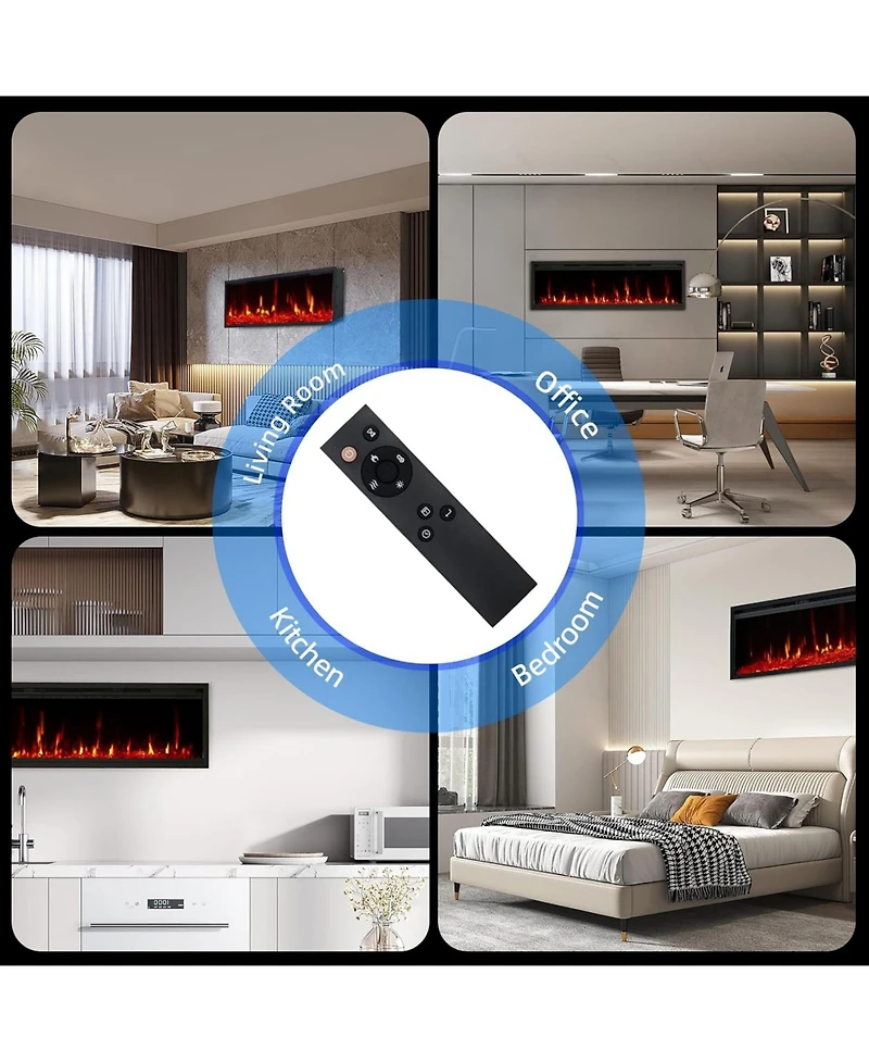 Gaomon 60" Wall Mounted/Recessed Electric Fireplace, 12 Flame Colors, Timer, Remote Control, 750/1500W, Log & Crystal