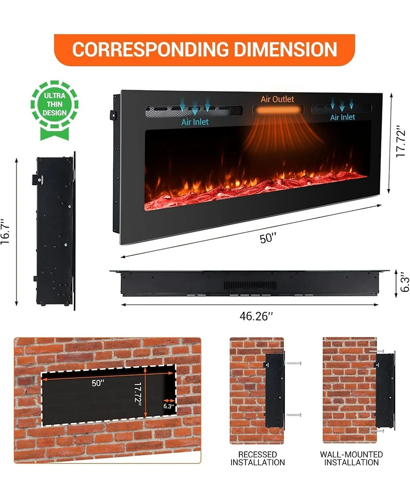 gaomon 50" Wall Mounted & Recessed Electric Fireplace, Touch Screen, Remote, Custom Flame, Modern Slim Design