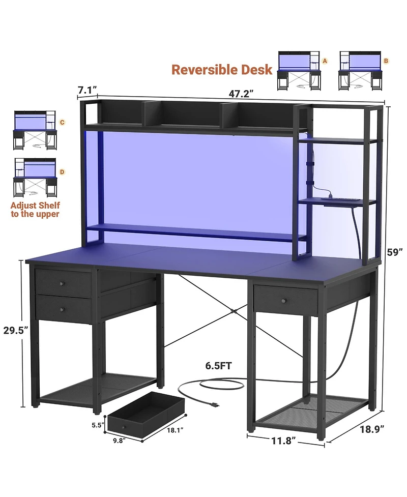 Aheaplus 47-55 inch Computer Desk with 3 Drawers and Storage Shelves