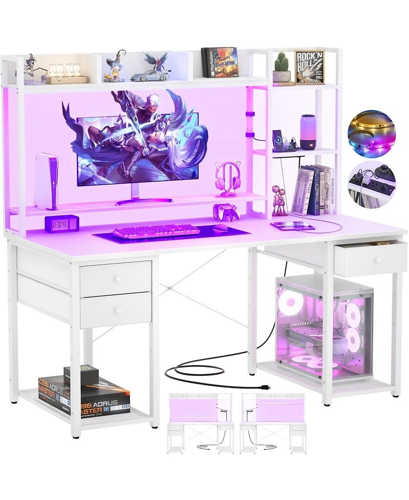 Aheaplus 47-55 inch Computer Desk with 3 Drawers and Storage Shelves