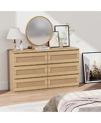 gaomon Rattan 6-Drawer Bedroom Dresser, Wide Wood Chest with Smooth Slide Rails and Anti-Tip Kit