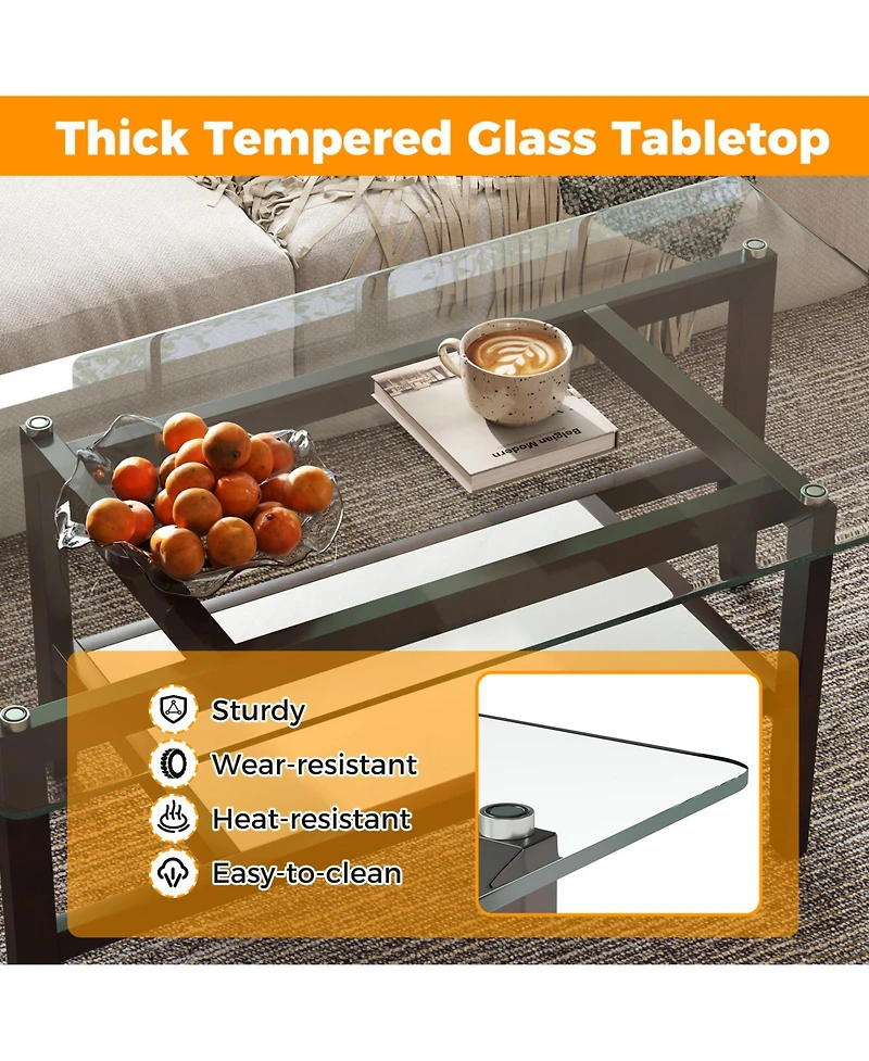 Gymax 2-Tier Glass Coffee Table w/ Storage Shelf Solid Rubber Wood Legs for Office