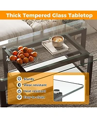 Gymax 2-Tier Glass Coffee Table w/ Storage Shelf Solid Rubber Wood Legs for Office