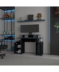 Flynama Blue Accent Gaming Desk with Elevated Monitor Shelf and Storage Compartments