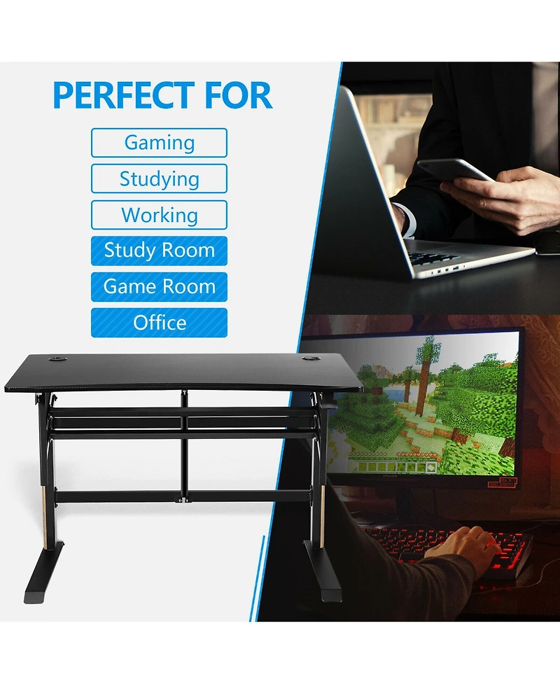 Gymax Pneumatic Height Adjustable Gaming Desk T Shaped Game Station w/Power Strip Tray
