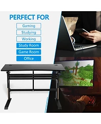 Gymax Pneumatic Height Adjustable Gaming Desk T Shaped Game Station w/Power Strip Tray