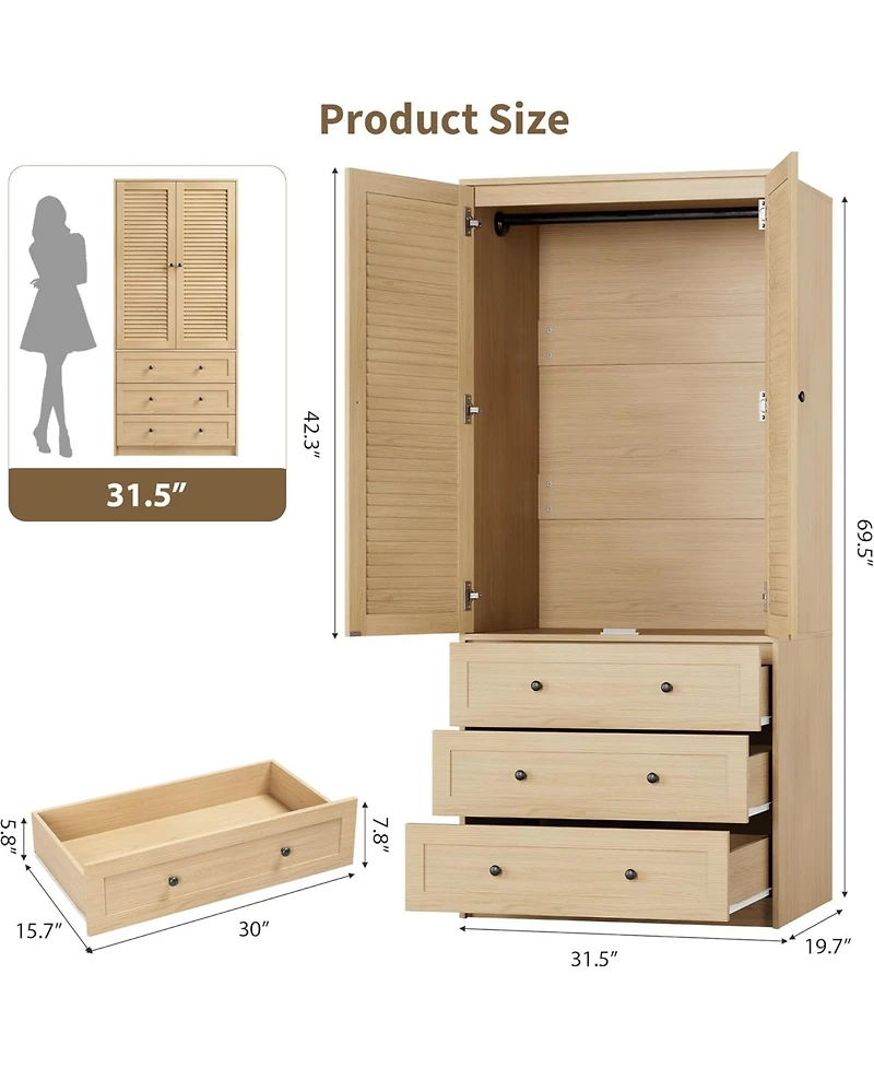 gaomon Modern Armoire Wardrobe Closet with 3 Drawers & 2 Doors, Tall Standing Wooden Cabinet for Hanging Clothes, Heavy Duty Storage