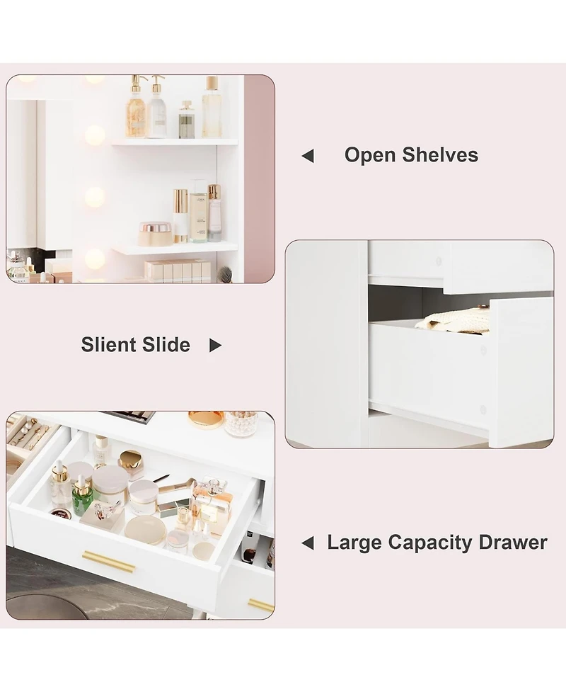 gaomon 61" Vanity Desk with Mirror and Lights, 8 Drawers & 2 Shelves, 3 Lighting Modes, Makeup Adjustable Brightness for Bedroom