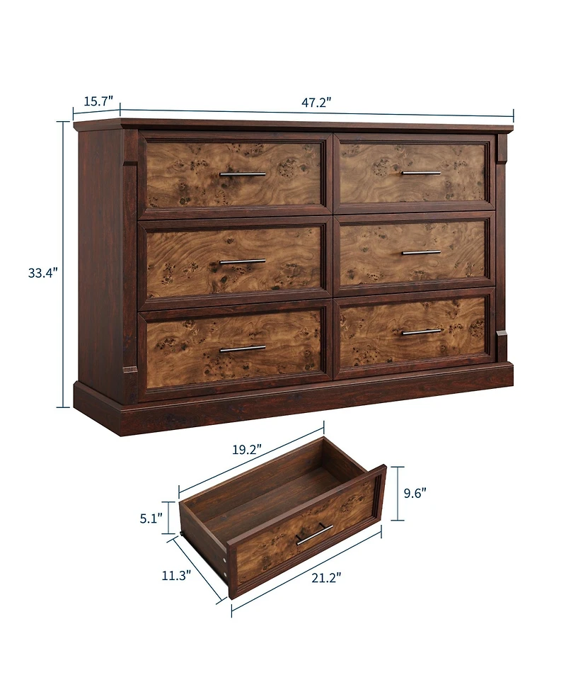 Gaomon 6 Drawer Dresser for Bedroom, Farmhouse Chest with Metal Handles, Rustic Double Wood Dresser Organizer