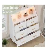 Gaomon 47 Inch 6 Drawer Dresser with Led Light Charging Station Storage Shelf Gold Legs Modern Drawer Cabinet for Bedroom Living Room