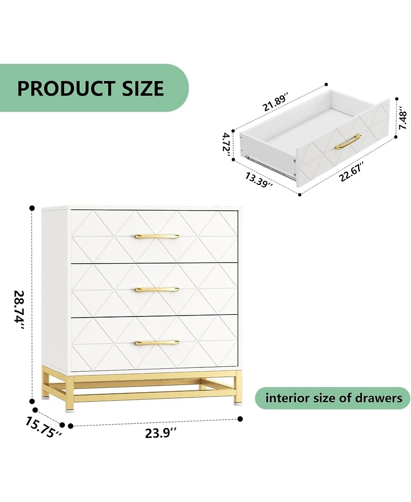 Dresser for Bedroom with 3 Drawer, Modern Dressers Chest of Drawers, with Wide Drawers and Metal Handles, Wood Dressers