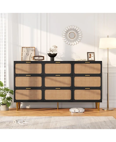 gaomon Rattan -Drawer Dresser, Tall Wood Chest with Wide Top, Large Storage Cabinet for Bedroom, Living Room