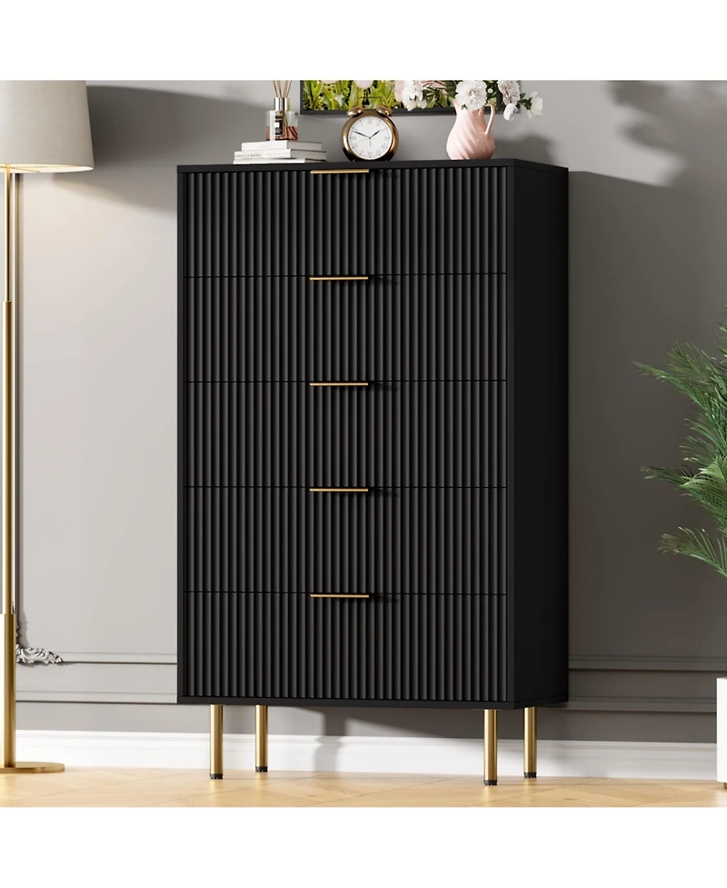 gaomon Fluted Wood 5-Drawer for Bedroom, Modern Chest, Tall Dresser