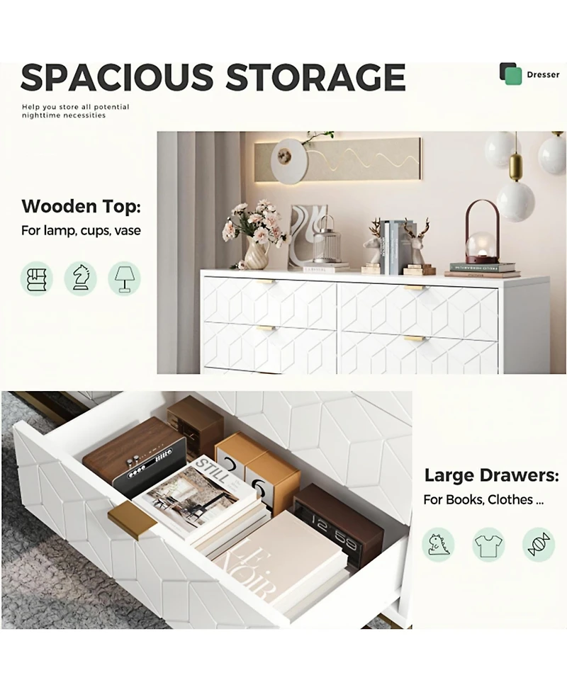 gaomon Dresser for Bedroom, 53.5" Large Organizer, 6 Drawer with Golden Metal Handle and Legs