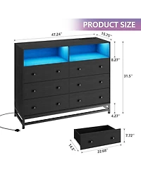 gaomon 6-Drawer Wide Bedroom Dresser with Charging Station and Led Lights, Modern Large Capacity Storage Cabinet, Pink