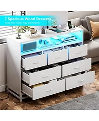 gaomon Drawer Bedroom Dresser with Led Lights & Charging Station, Long Wood Chest with Large Capacity for Living Room Hallway
