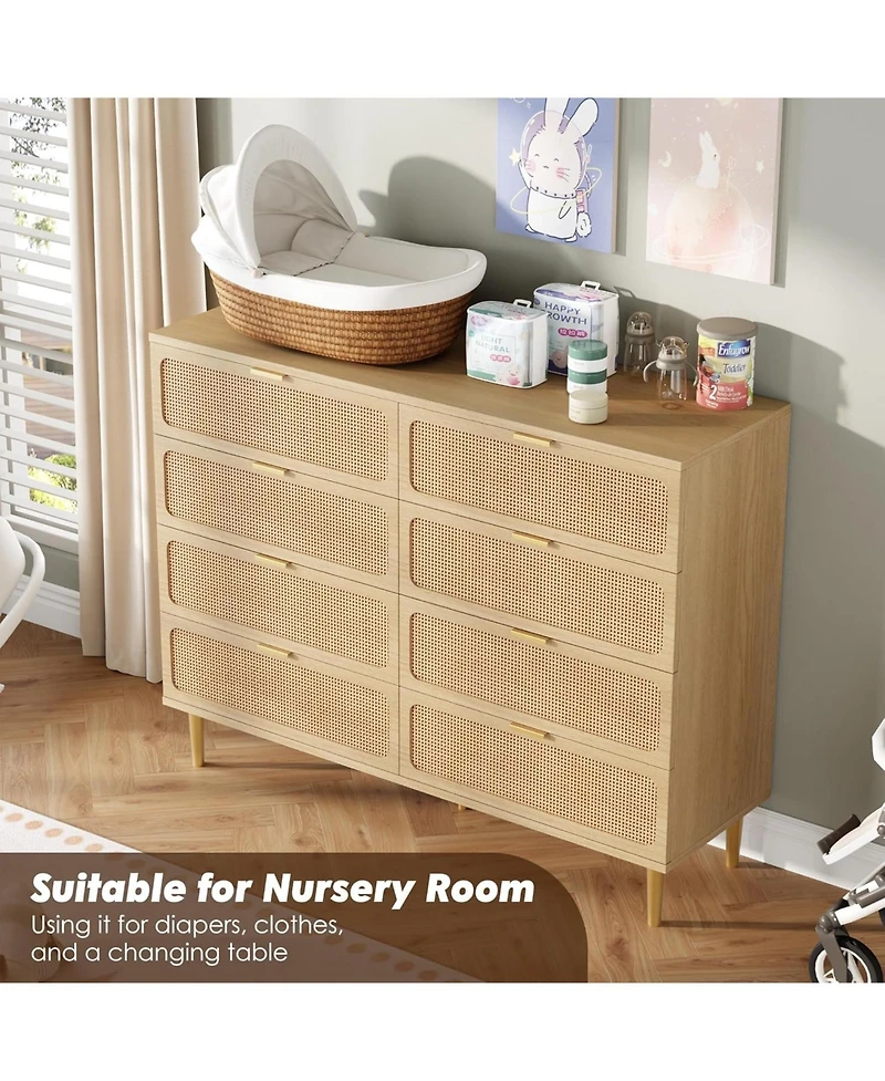 gaomon Rattan 8-Drawer Dresser – Tall Modern Chest with Deep Storage & Wide Top for Bedroom, Living Room, Hallway, Kids Room