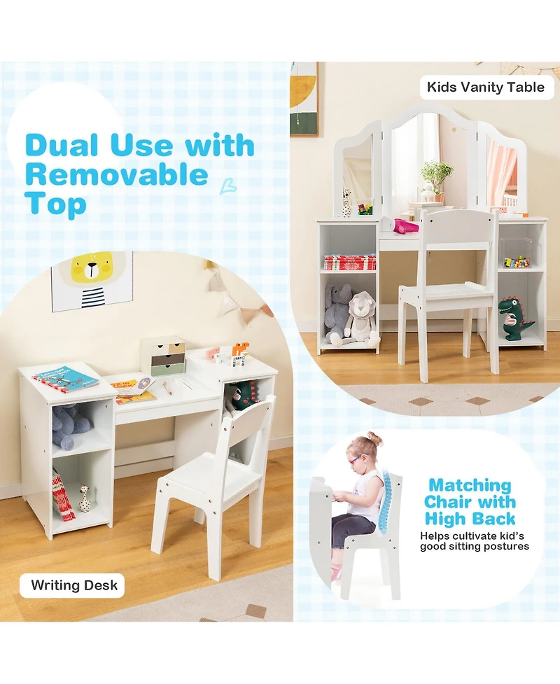 Gymax Kids Vanity 2 1 Princess Makeup Desk and Chair Set Safe Tri-fold Mirror