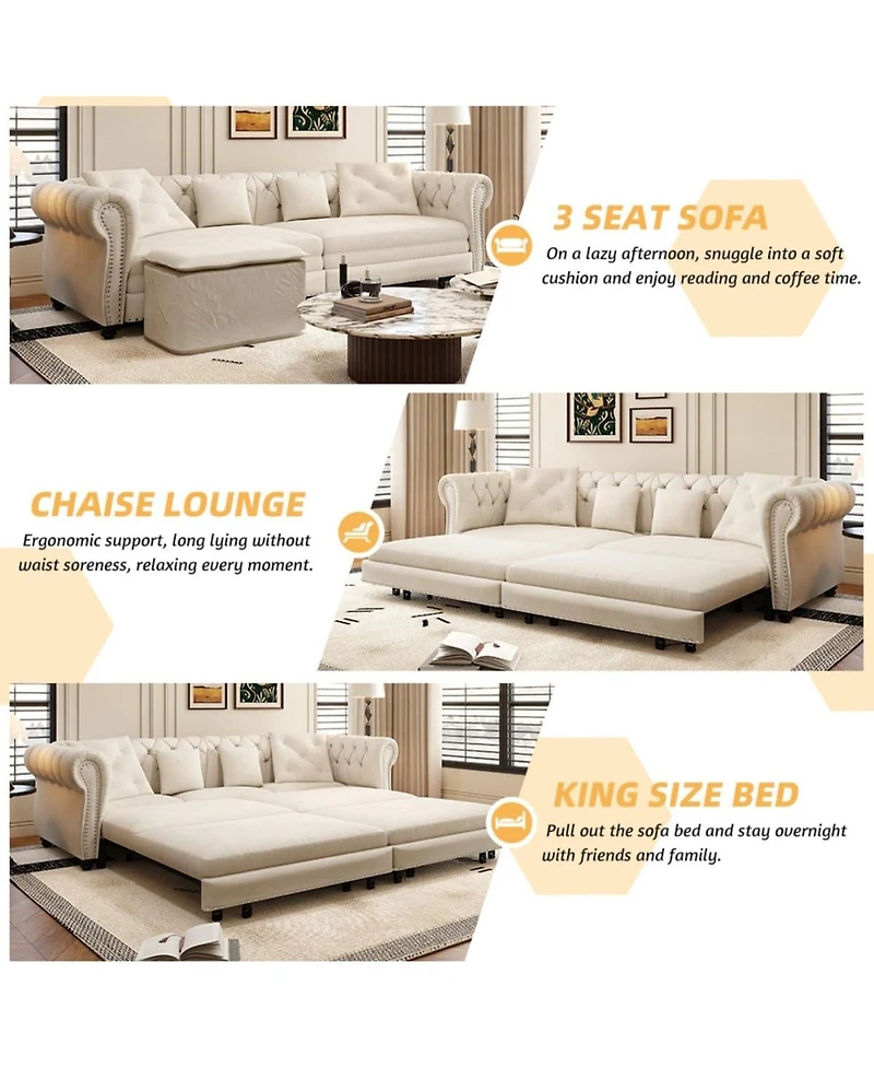 Maison Boucle 89" Sleeper Sofa Bed, King Velvet Pull-Out Couch with Chaise Lounge & Ottoman, 3-in-1 Tufted for Living Room