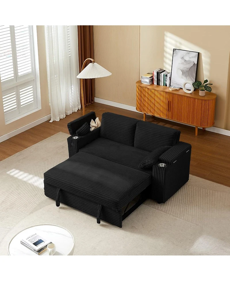 Maison Boucle 67" Pull-Out Sleeper Sofa Bed with Usb Port & Cup Holders, Convertible Loveseat Adjustable Backrest for Small Spaces-Maison Bo