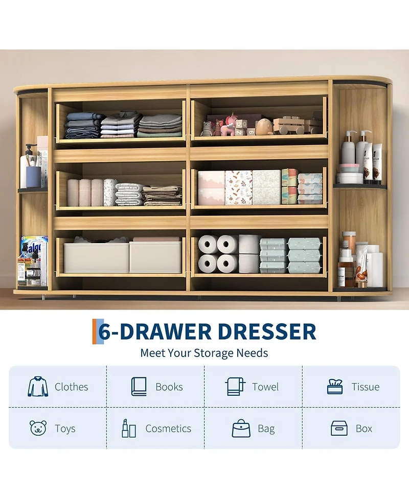 gaomon 60in Mid Century Wooden Dresser with 6 Drawers 2 Sliding Doors, Oak Fluted Storage Cabinet