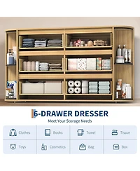 gaomon 60in Mid Century Wooden Dresser with 6 Drawers 2 Sliding Doors, Oak Fluted Storage Cabinet