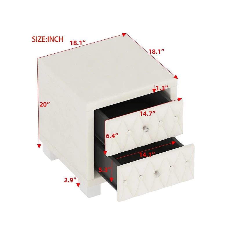 Cesicia Velvet Nightstand with 2 Drawers and Crystal Handles Elegant Storage End Table for Bedroom