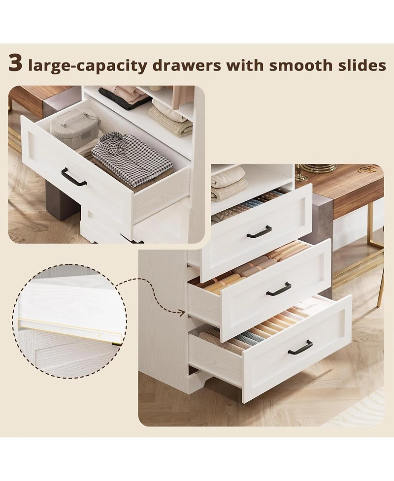 Ironck Freestanding Closet System with 3 Wood Drawers, Adjustable Shelves and Hanging Rod, White