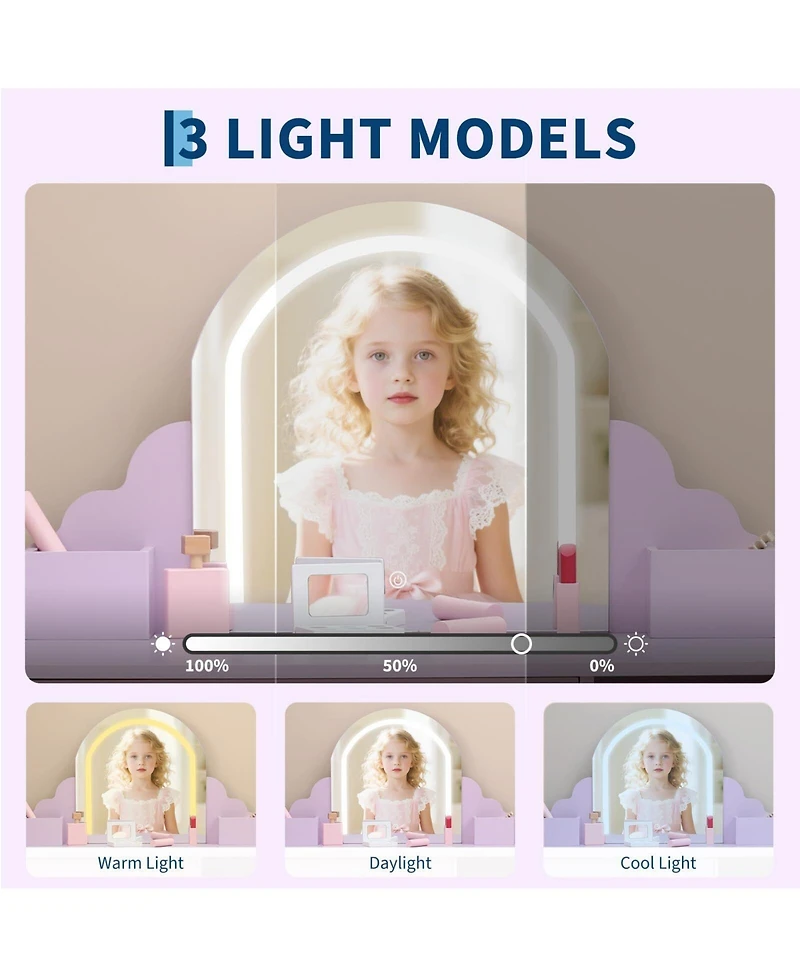 gaomon Kids Vanity with Lighted Mirror & Stool, Little Girls Vanity with Adjustable Led Light, Storage Drawer & Shelves for Girls 3-9