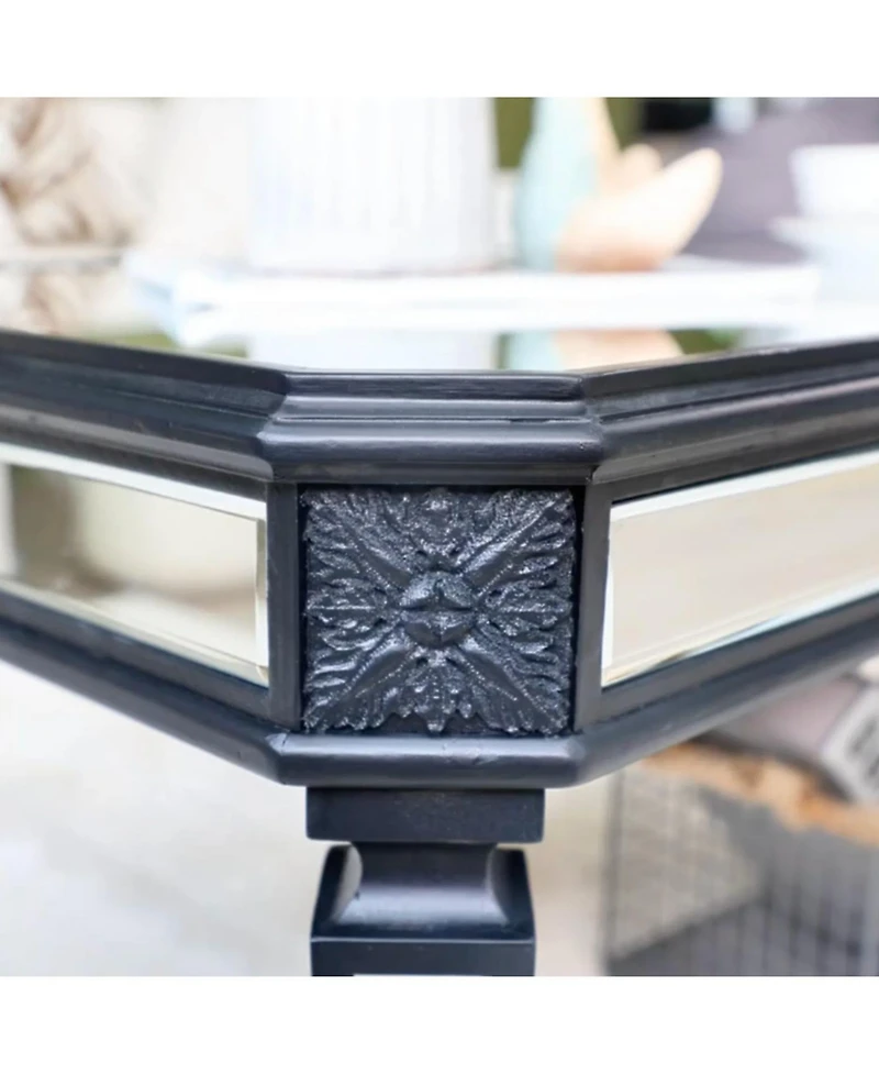 Streamdale Furniture Silver Mirrored Coffee Table Black Carved Wood Rectangle Glass Tea Table