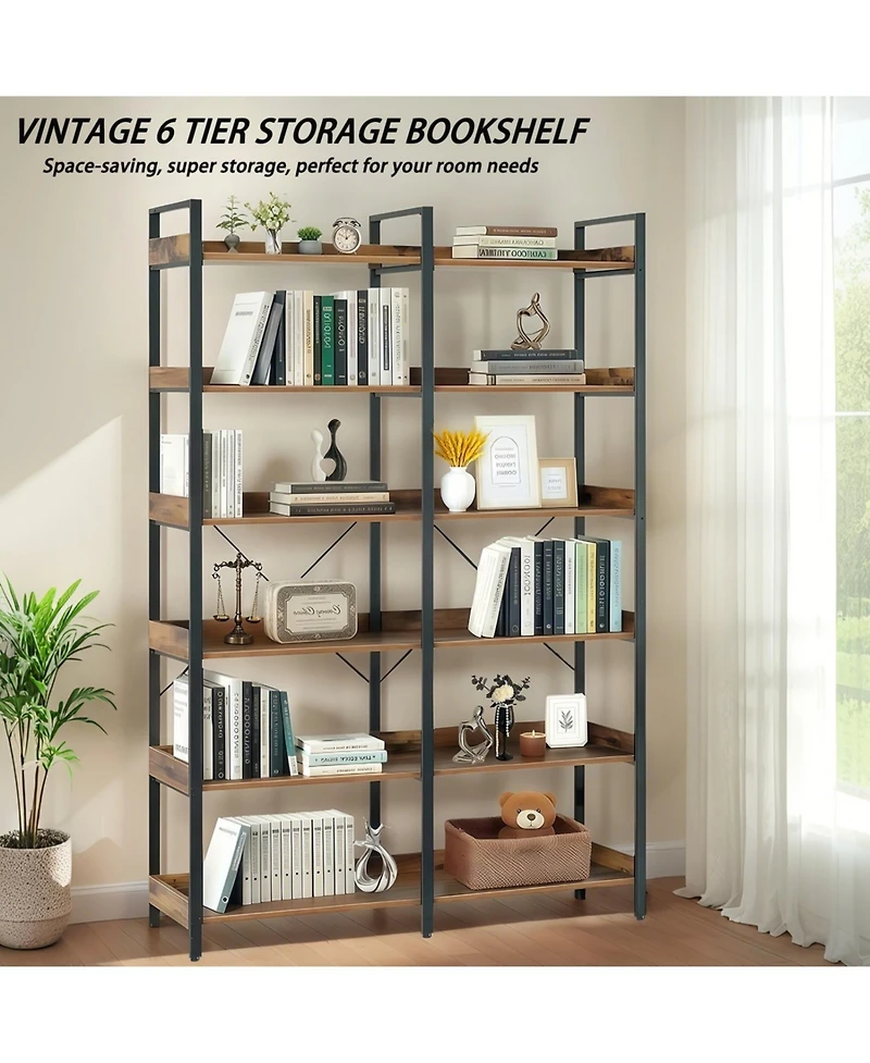 Streamdale 6-Tier Industrial Bookshelf, 67" Open Shelf Bookcase, Metal Frame, Brown