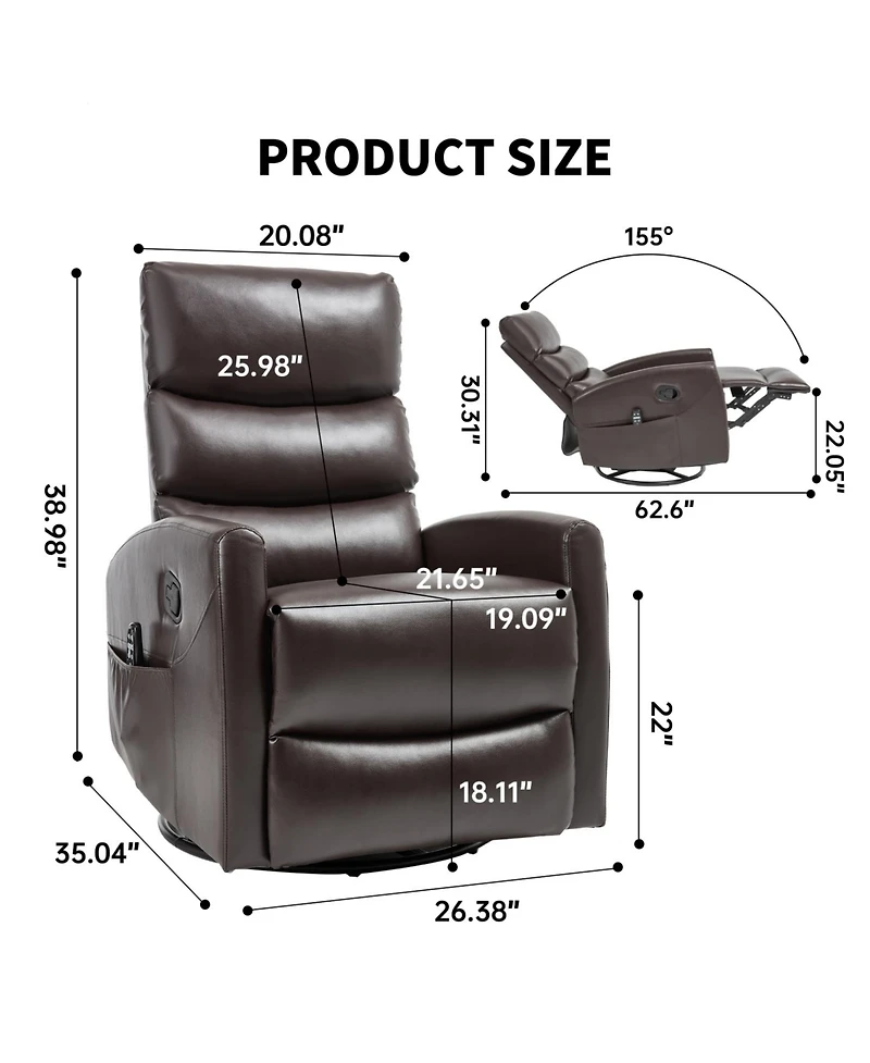 Streamdale Furniture Heat Massage Rocker Swivel Recliner Chair, Brown