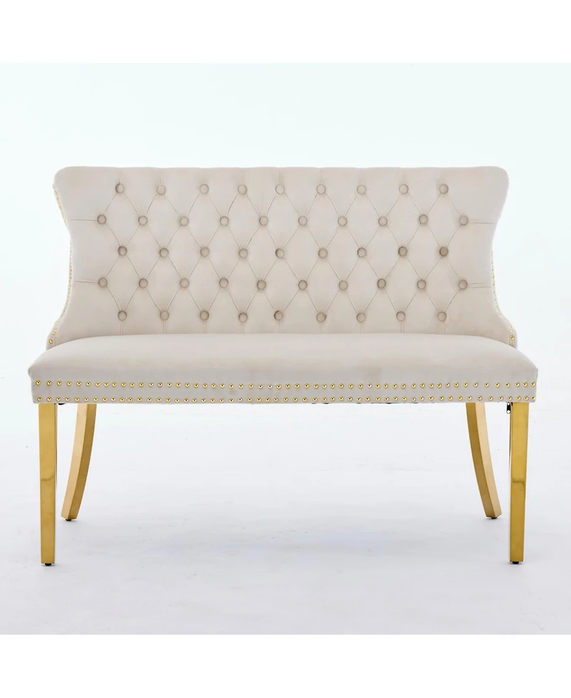 Streamdale Furniture Velvet Dining Loveseat Bench, Tufted 2-Seat, Gold Legs, Mid Century Modern, Beige