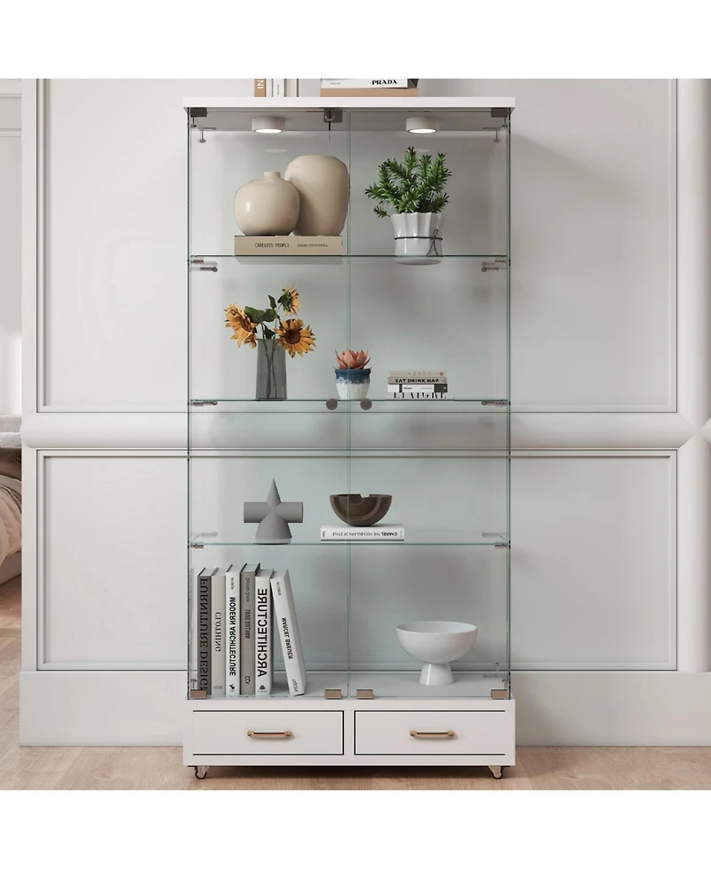 Streamdale Furniture White Glass Display Cabinet w/ Drawers & Led Lights