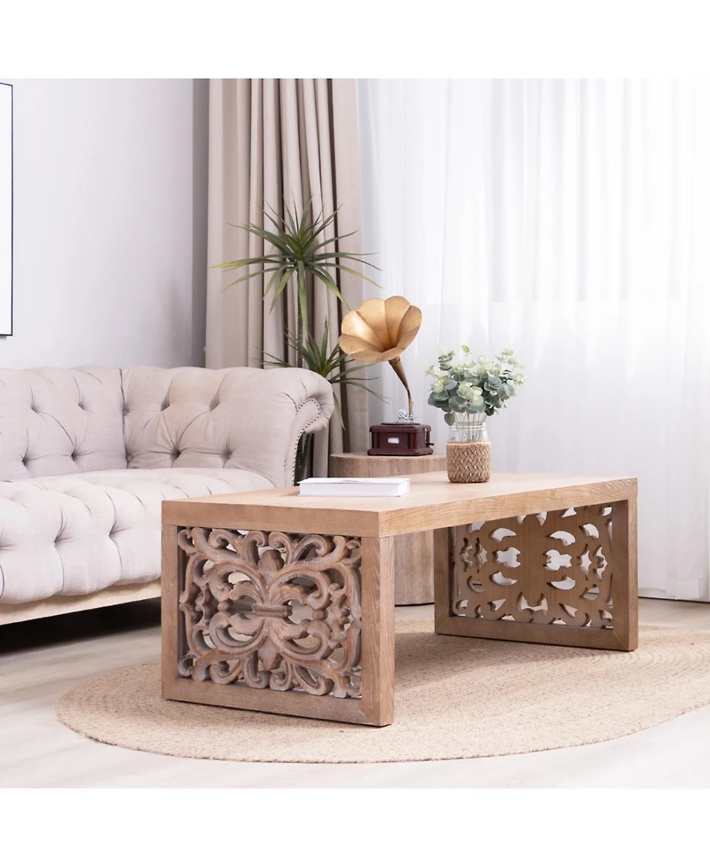 Streamdale Furniture Rustic Carved Wood Coffee Table - Ornate Panels, Natural Finish