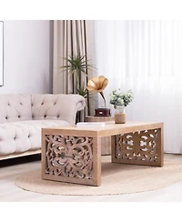 Streamdale Furniture Rustic Carved Wood Coffee Table - Ornate Panels, Natural Finish
