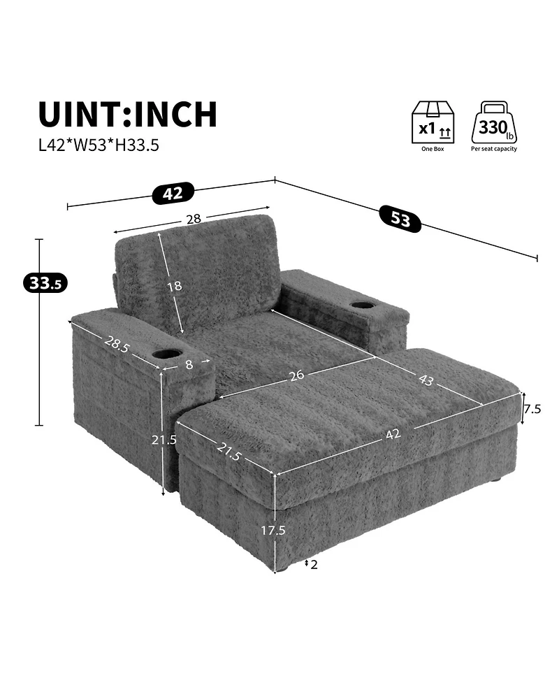 Streamdale Furniture 42" Oversized Faux Fur Chaise Lounge with Storage and Cup Holders