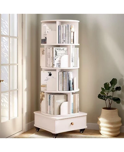 Streamdale Furniture Rotating 5-Tier Corner Bookshelf with Drawer (White)