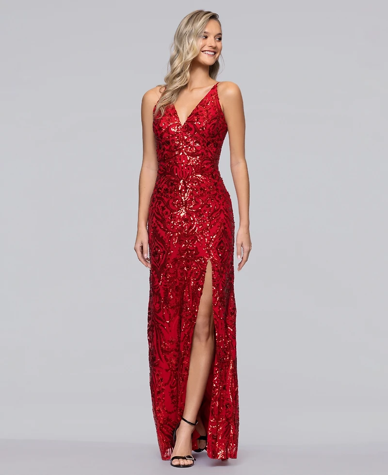 Blondie Nites Juniors' V-Neck Sleeveless Sequin Gown