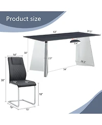 Streamdale 63" Black Marble-Patterned Table with Butterfly Legs and 4 Black Pu Chairs