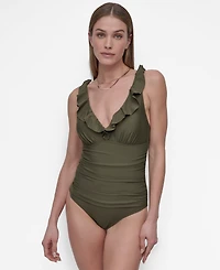 Dkny Ruffle Plunge Underwire Tummy Control One-Piece Swimsuit, Created for Macy's