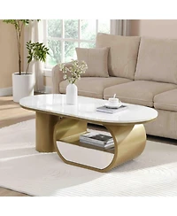 Streamdale Furniture Modern Oval Coffee Table w/ Storage & Faux Marble Top
