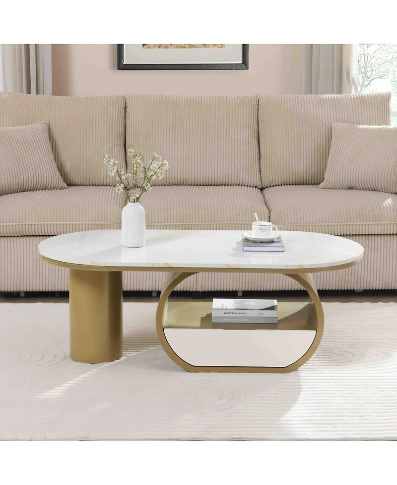 Streamdale Furniture Modern Oval Coffee Table w/ Storage & Faux Marble Top