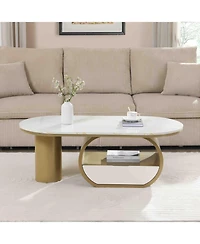Streamdale Furniture Modern Oval Coffee Table w/ Storage & Faux Marble Top